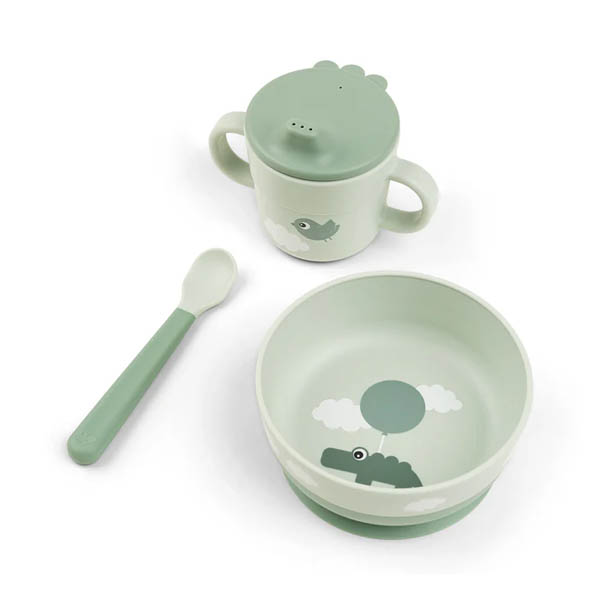 Komplet za prvi obrok, činija sa vakumskim dnom, šolja i kašika, Happy clouds Green
