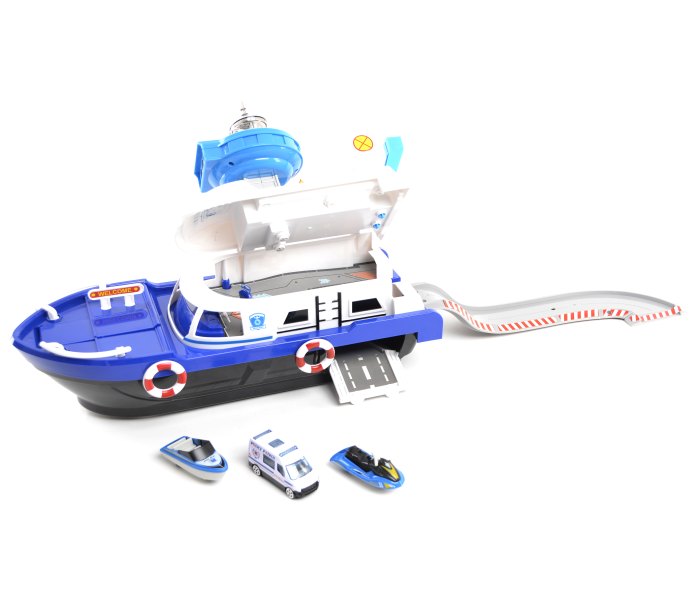 Igracka policijski brod sa zvucnim i svjetlosnim efektima, 2 skutera i jedan autic