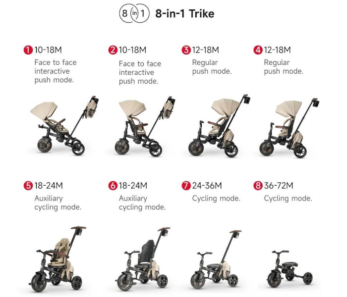 QPlay triciklo 8u1 Comfo max Eva T170,  bež