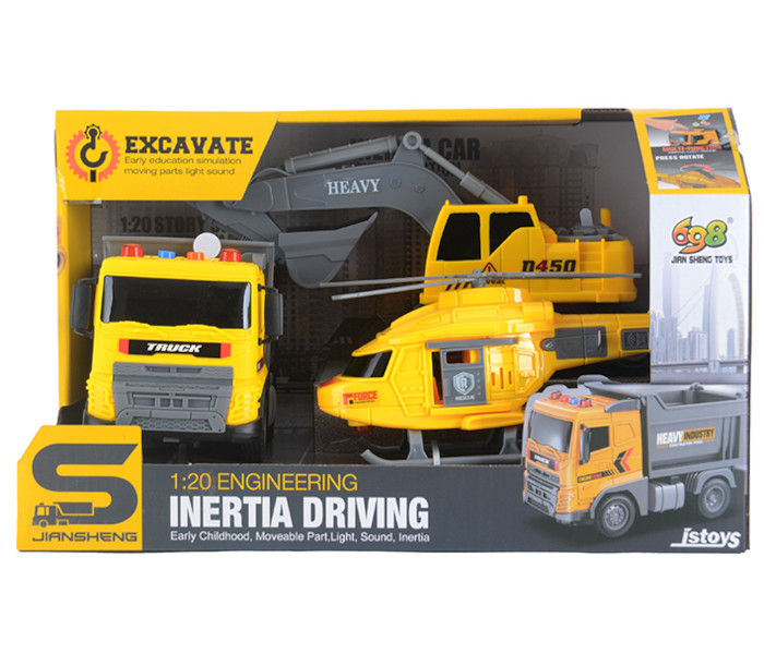 Set kamion, helikopter i bager na potez sa svjetlom i muzikom