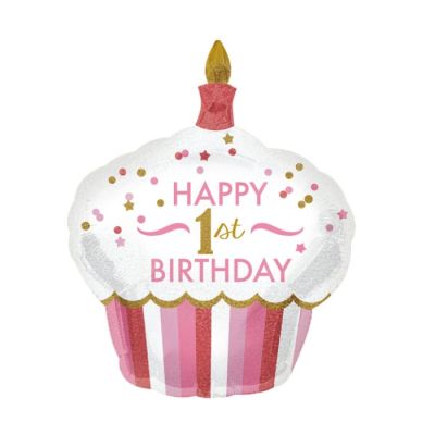 Balon od folije oblika "1st Birthday Cupcake Girl" hologramski 73 x 91cm
