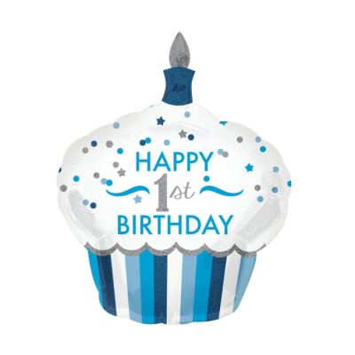 Balon od folije oblika "1st Birthday Cupcake Boy" hologramski 73 x 91cm
