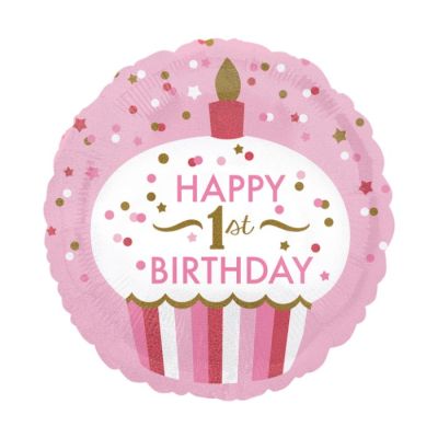Klasični balon od folije "1st Birthday Cupcake Girl" okrugli hologramski 43 cm