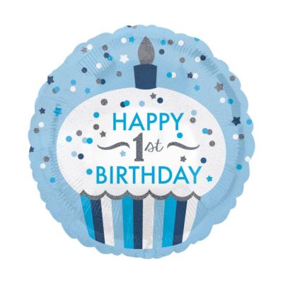 Klasični balon od folije "1st Birthday Cupcake Boy" okrugli hologramski 43 cm